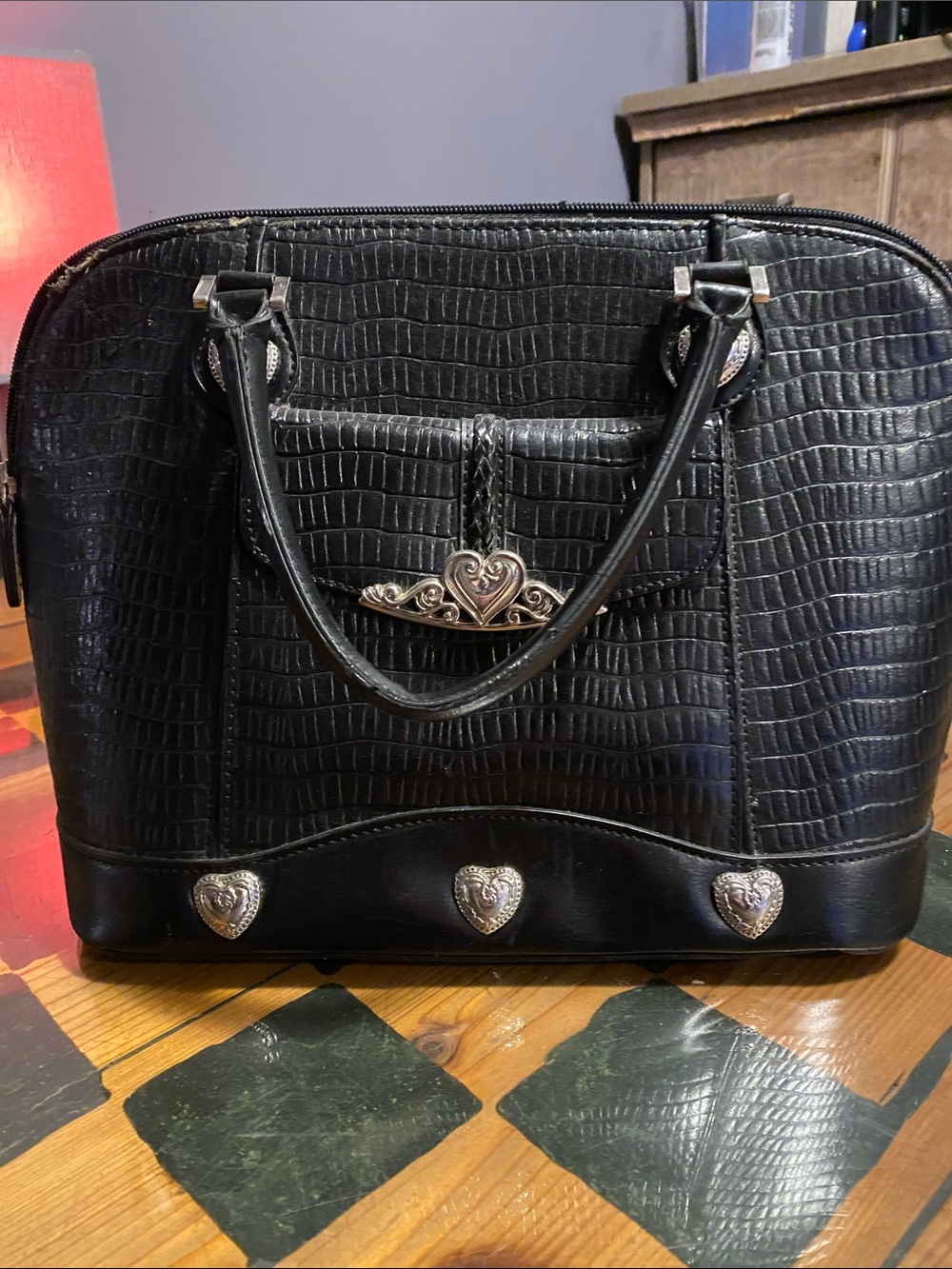Black Heart-Accent Faux Croc Satchel